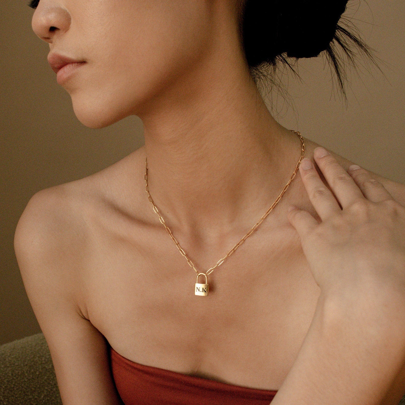 Madison Fero 18K Gold / 14 Inches / One Side-18K Gold / 14 Inches / Both Sides (+$8)-18K Gold / 15 Inches / One Side-18K Gold / 15 Inches / Both Sides (+$8)-18K Gold / 16 Inches / One Side-18K Gold / 16 Inches / Both Sides (+$8)-18K Gold / 17 Inches / One Side-18K Gold / 17 Inches / Both Sides (+$8)-18K Gold / 18 Inches / One Side-18K Gold / 18 Inches / Both Sides (+$8) Padlock Paperclip Necklace