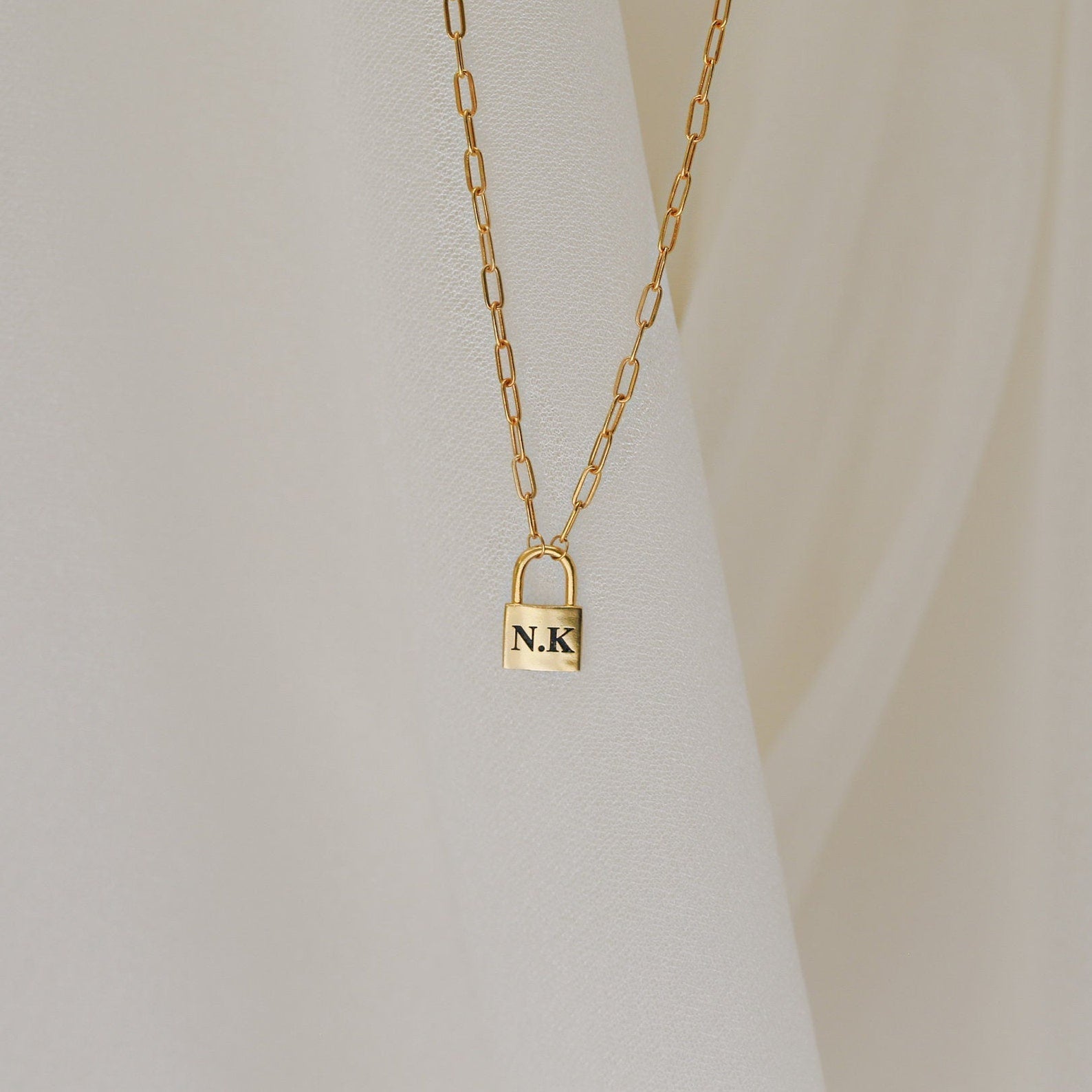 Madison Fero 18K Gold / 14 Inches / One Side-18K Gold / 14 Inches / Both Sides (+$8)-18K Gold / 15 Inches / One Side-18K Gold / 15 Inches / Both Sides (+$8)-18K Gold / 16 Inches / One Side-18K Gold / 16 Inches / Both Sides (+$8)-18K Gold / 17 Inches / One Side-18K Gold / 17 Inches / Both Sides (+$8)-18K Gold / 18 Inches / One Side-18K Gold / 18 Inches / Both Sides (+$8) Padlock Paperclip Necklace